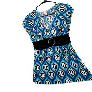 Vintage Y2K Babydoll Empire Waist Top M Blue Black Abstract Slinky Pullover